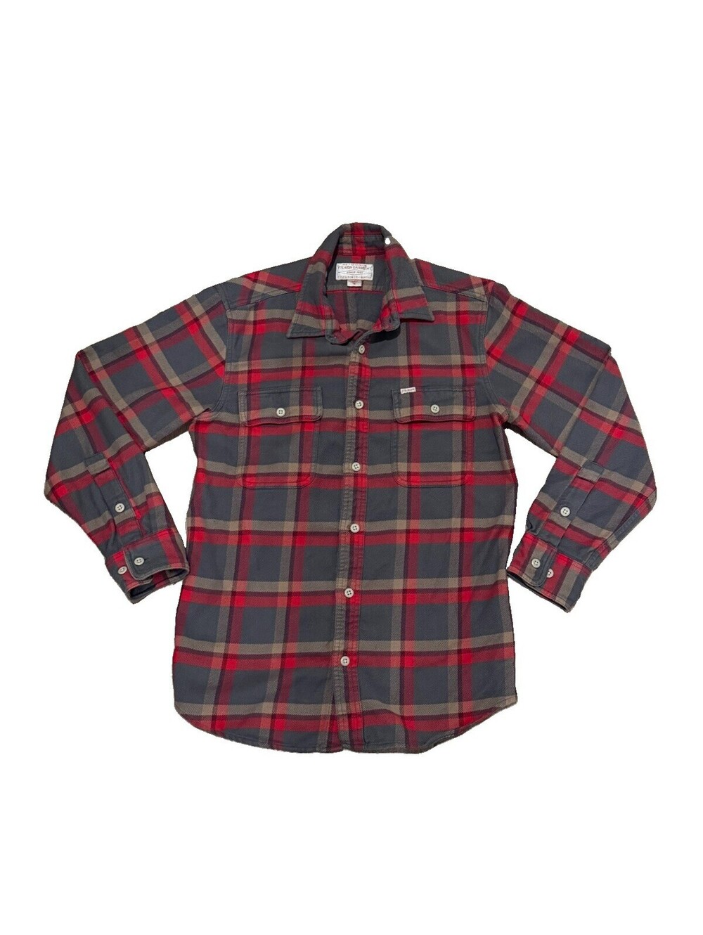 Filson Vintage Flannel Work Shirt Medium Gray Red Plaid Brushed Cotton Outfitter